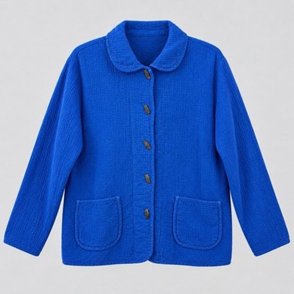 By JJ Clothing Cotton Crinkle Button Up Boxy Jacket Medium Blue Artsy Lagenlook